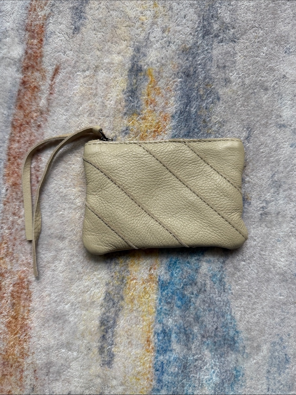 Will Leather Goods Cream Pebbled Leather Zip Wristlet Pouch Wallet Clutch